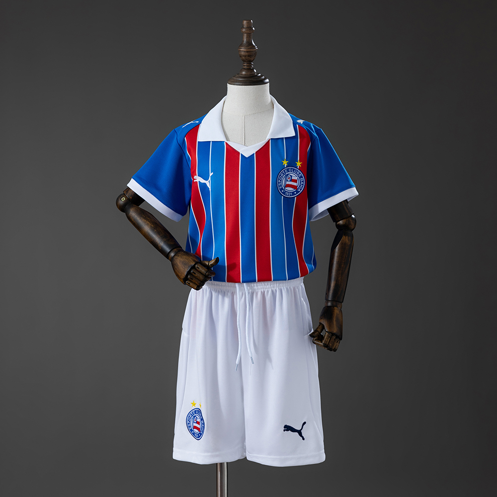 Kids Bahia Away Kit 2026/27 Kids Bahia Away Kit 2026/27 full uniform set front view with tricolor striped jersey and white shorts