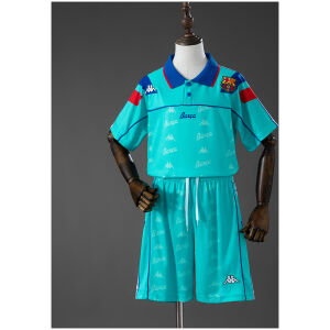 Kids Barcelona Retro Away Kit 1992/95 front view in turquoise with blue polo collar and matching shorts