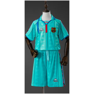 Kids Barcelona Retro Away Kit 1996/97 front view in teal green with polo collar and matching shorts