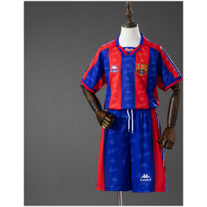 Kids Barcelona Retro Home Kit 1996/97 front view with Blaugrana stripes, polo collar, and blue shorts