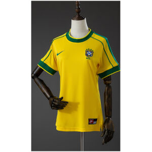 Womens Brazil Retro Home Jersey 1998 front view in canary yellow with green raglan piping and tailored fit