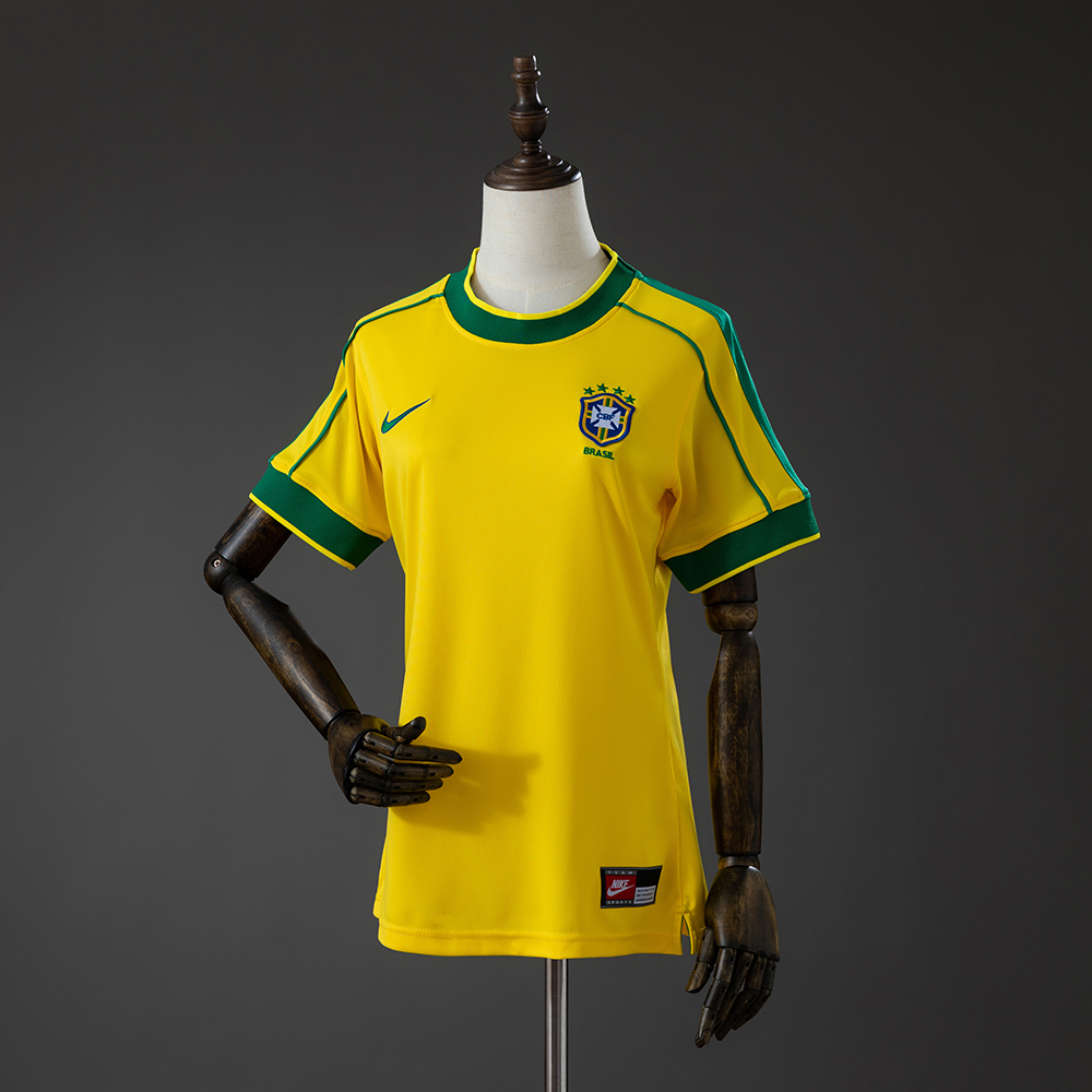 Womens Brazil Retro Home Jersey 1998 Womens Brazil Retro Home Jersey 1998 front view in canary yellow with green raglan piping and tailored fit