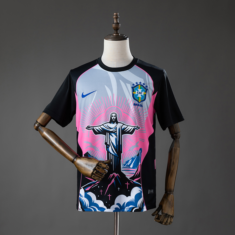 Mens Brazil Christ the Savior – Pink Jersey 2026 Mens Brazil Christ the Savior – Pink Jersey 2026 front view with neon pink halo graphic and CBF crest