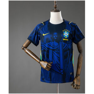 Mens Brazil Jesus Edition – Blue Jersey 2026 front view in deep blue with Jesus graphic and yellow Swoosh