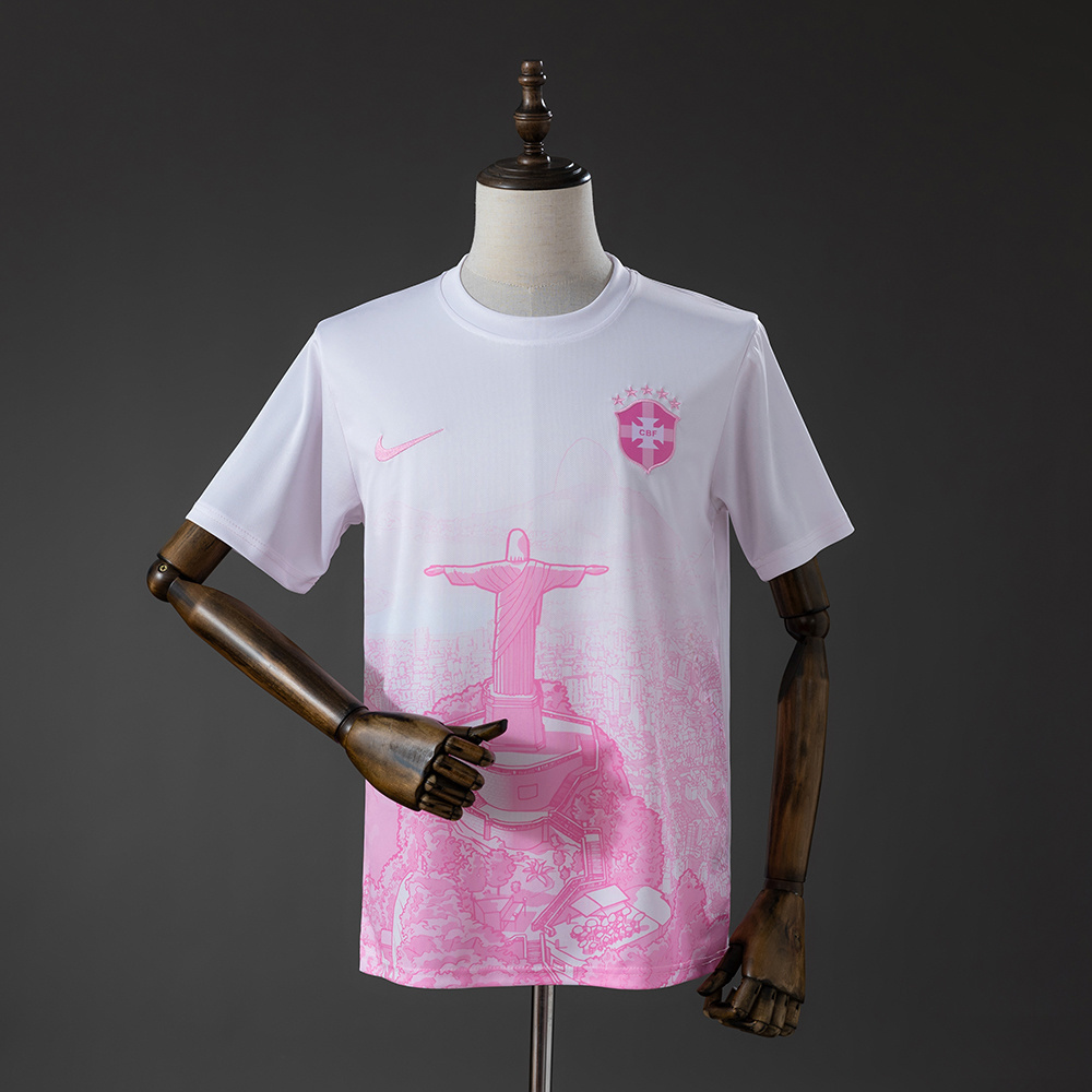 Mens Brazil Jesus Rose Jersey 2026 Mens Brazil Jesus Rose Jersey 2026 white and pink shirt front view on mannequin