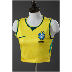 Front view of Womens Brazil Crop Tank Top Home Jersey 2026 in yellow with green trim on mannequin