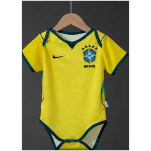 Baby Brazil Home Jersey 2026 yellow infant bodysuit on hanger front view