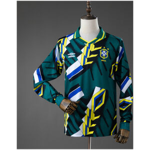 Front view of the Mens Brazil Retro Long Sleeve Goalkeeper Jersey 1996/97 showcasing vibrant geometric graphics, long sleeves, and the 4-star CBF crest.