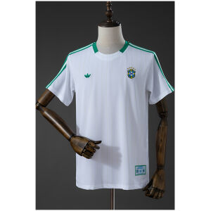 Mens Brazil Terrace Icons White T-Shirt front view in white with green stripes and 5-star CBF crest