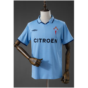 Mens Celta de Vigo UEFA Cup Retro Home Jersey 2001/02 front view in sky blue with navy collar and Citroën sponsor