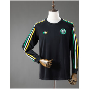 Front view of the Mens Celtic Travel Shirt Long Sleeve Jersey 2026/27 in black with tricolor sleeve stripes