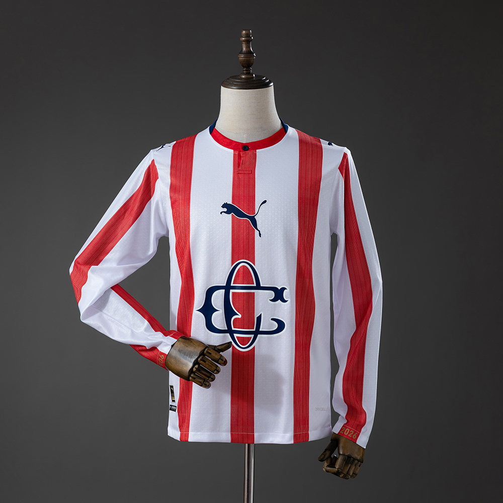 Mens Chivas de Guadalajara 120 Aniversario Long Sleeve Jersey Mens Chivas de Guadalajara 120 Aniversario Long Sleeve Jersey front view with red stripes and retro crest