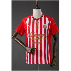 Mens Chivas de Guadalajara 2026 Home Jersey 2026/27 Front view of the Mens Chivas de Guadalajara 2026 Home Jersey 2026/27 featuring red and white stripes with gold sponsor details