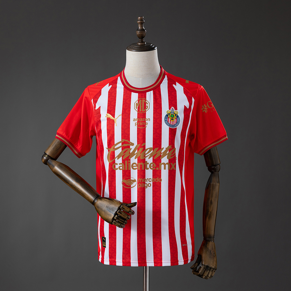 Mens Chivas de Guadalajara 2026 Home Jersey 2026/27 Front view of the Mens Chivas de Guadalajara 2026 Home Jersey 2026/27 featuring red and white stripes with gold sponsor details