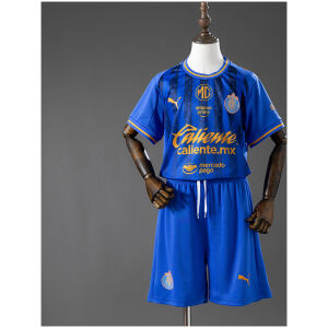 Front view of the Kids Chivas de Guadalajara Third Kit 2026/27 featuring royal blue jersey with gold sponsors and blue shorts