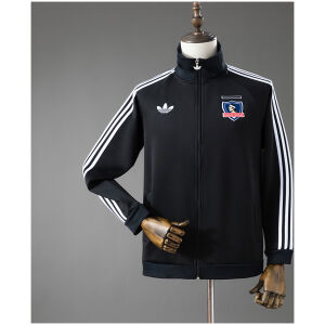 Front view of the Mens Colo Colo Originals Jacket Black Jersey 2026/27 displaying white 3-stripes, Trefoil logo, and Colo-Colo crest on a mannequin.