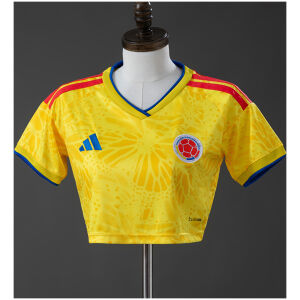 Womens Colombia Style Home Crop Top 2026 front view in yellow with botanical pattern and FCF crest