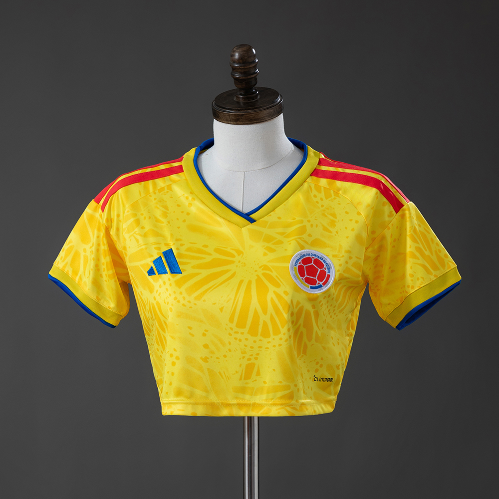 Womens Colombia Style Home Crop Top 2026 Womens Colombia Style Home Crop Top 2026 front view in yellow with botanical pattern and FCF crest