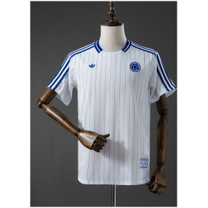 White Colombia T-shirt with blue pinstripes and shoulder stripes front view