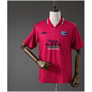 Mens Deportivo Alavés Retro Third Jersey 2002/03 front view in raspberry red with Rioja Alavesa sponsor