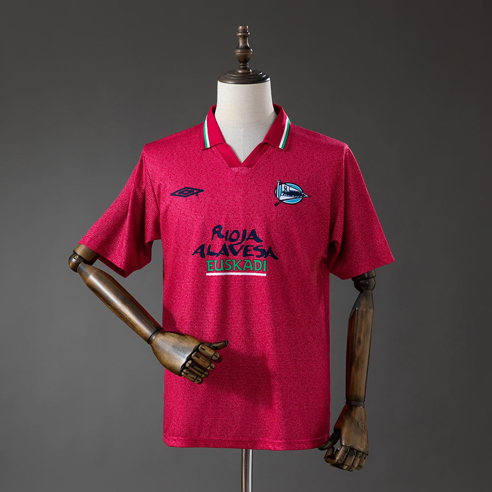 Mens Deportivo Alavés Retro Third Jersey 2002/03 Mens Deportivo Alavés Retro Third Jersey 2002/03 front view in raspberry red with Rioja Alavesa sponsor