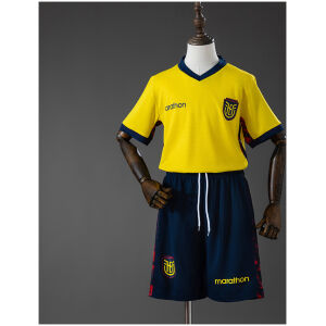 Kids Ecuador Home Kit 2026 front view displaying yellow jersey and navy shorts on mannequin