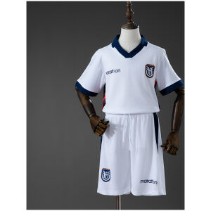 Kids Ecuador Third Kit 2026 front view with white jersey, navy collar, and matching white shorts