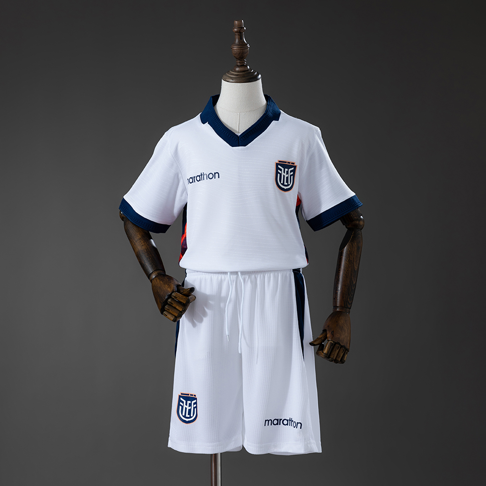 Kids Ecuador Third Kit 2026 Kids Ecuador Third Kit 2026 front view with white jersey, navy collar, and matching white shorts