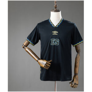 Mens El Salvador Third Jersey 2023/24 front view in black with blue and yellow mosaic collar trim