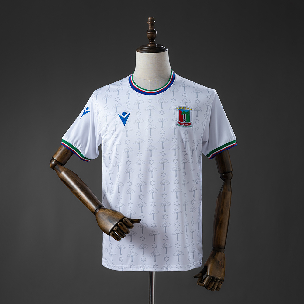 Mens Equatorial Guinea Away Jersey 2025 Front view of the Mens Equatorial Guinea Away Jersey 2025 in white with national flag trim and tree pattern