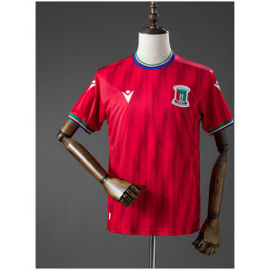 Front view of the Mens Equatorial Guinea Home Jersey 2025 in scarlet red with chevron textures and flag piping