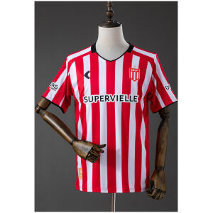 Front view of the Mens Estudiantes de La Plata Home Jersey 2026/27 featuring red and white vertical stripes with black collar