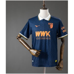 Mens FC Augsburg Navy Blue Special Edition Jersey 2025/26 front view in navy with white collar and orange crest