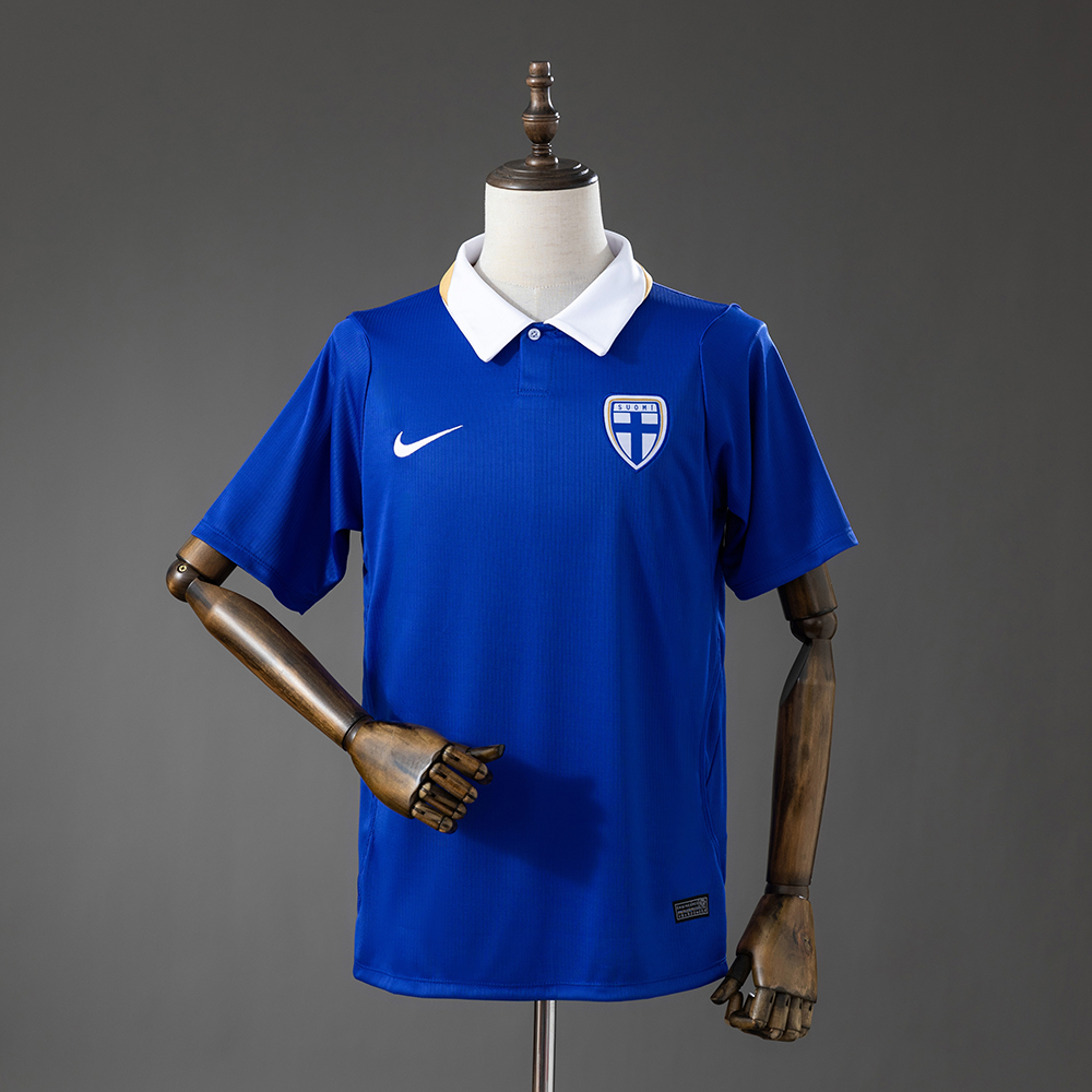Mens Finland Away Jersey 2026 Mens Finland Away Jersey 2026 front view in royal blue with white polo collar and Suomi shield crest