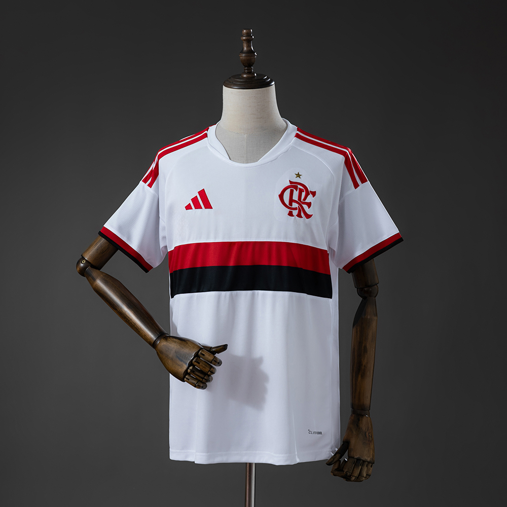 Mens Flamengo Away Jersey 2026/27 Mens Flamengo Away Jersey 2026/27 front view in white with red and black chest band and CRF crest