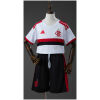 Kids Flamengo Away Kit 2026/27 front view showing white jersey with red and black chest stripes and black shorts
