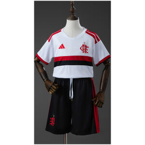 Kids Flamengo Away Kit 2026/27 front view showing white jersey with red and black chest stripes and black shorts