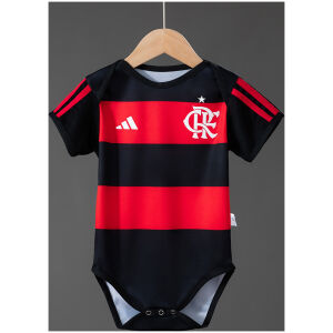 Baby Flamengo Home Jersey 2026/27 front view onesie in red and black hoops with white CRF crest
