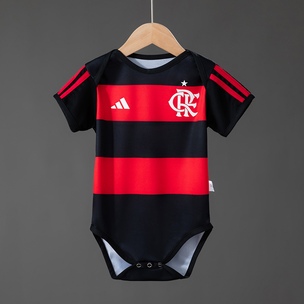 Baby Flamengo Home Jersey 2026/27 Baby Flamengo Home Jersey 2026/27 front view onesie in red and black hoops with white CRF crest