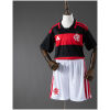 Front view of the Kids Flamengo Home Kit 2026/27 showing red and black hooped jersey and white shorts