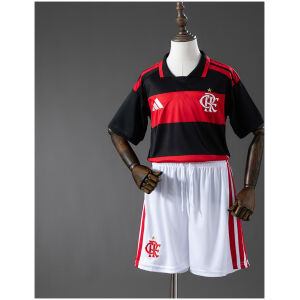 Front view of the Kids Flamengo Home Kit 2026/27 showing red and black hooped jersey and white shorts