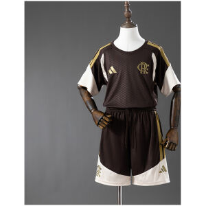 Front view of the Kids Flamengo Training Kit Kit 2026/27 in espresso brown and gold with shorts
