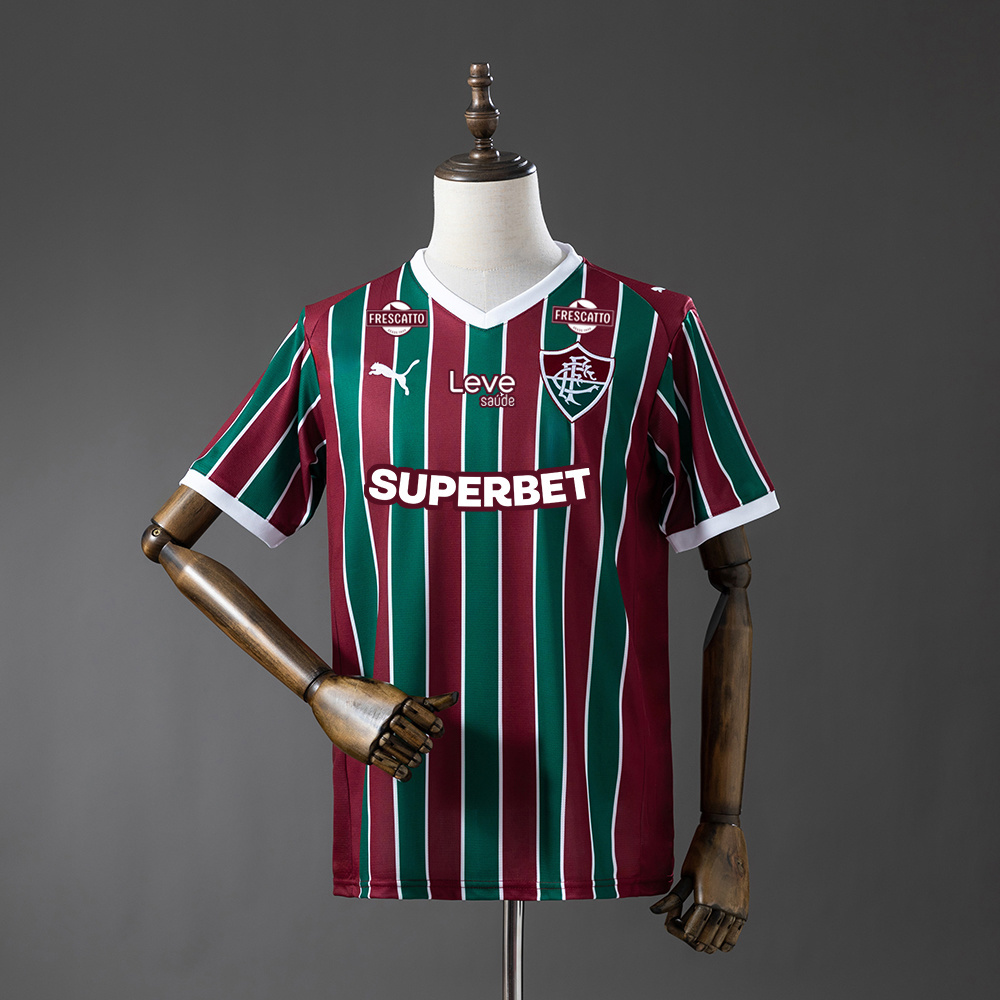 Mens Fluminense Sponsor All Logos Home Jersey 2026/27 Front view of the Mens Fluminense Sponsor All Logos Home Jersey 2026/27 in vertical stripes with full sponsors