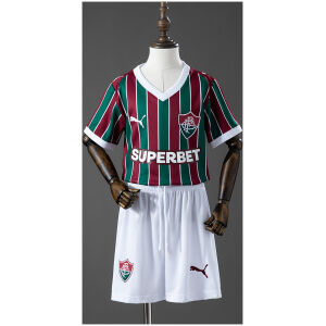 Kids Fluminense Home Kit 2026/27 Front view of the Kids Fluminense Home Kit 2026/27 featuring vertical tricolor stripes and white shorts