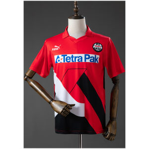 Front view of the Mens Frankfurt Retro Home Jersey 1993/95 in red with geometric block art and Tetra Pak sponsor