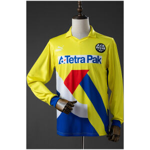 Front view of the Mens Frankfurt Retro Long Sleeve Away Jersey 1993/96 in yellow with blue and red geometric shapes