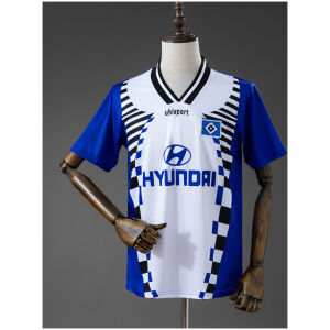 Mens Hamburg Retro Away Jersey 1996 front view in white and blue with checkered graphics and HSV crest