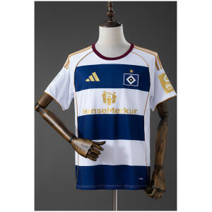 Front view of the Mens Hamburger SV Special Edition Jersey 2025/26 in white and navy hoops with gold accents and crest