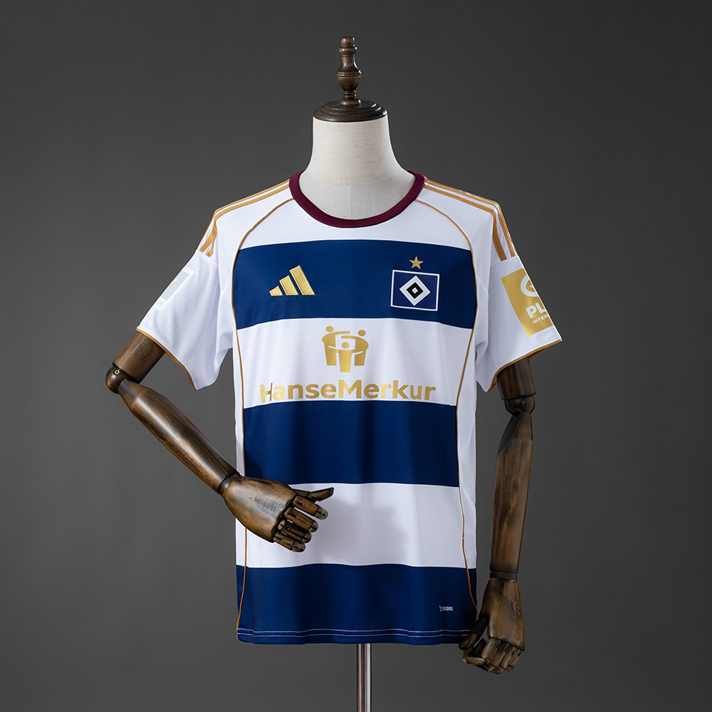 Mens Hamburger SV Special Edition Jersey 2025/26 Front view of the Mens Hamburger SV Special Edition Jersey 2025/26 in white and navy hoops with gold accents and crest