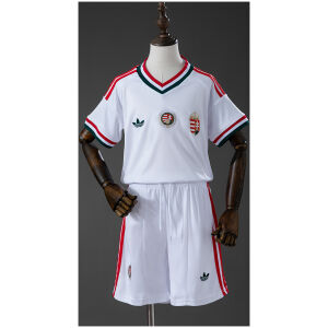 Kids Hungary Away Kit 2026 front view featuring white jersey with tricolor trim and matching white shorts